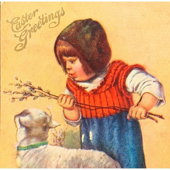 Antique 1920s Ephemera Easter Card Baby Girl W/ Lamb Embossed Used But Unposted - Picture 1 of 3